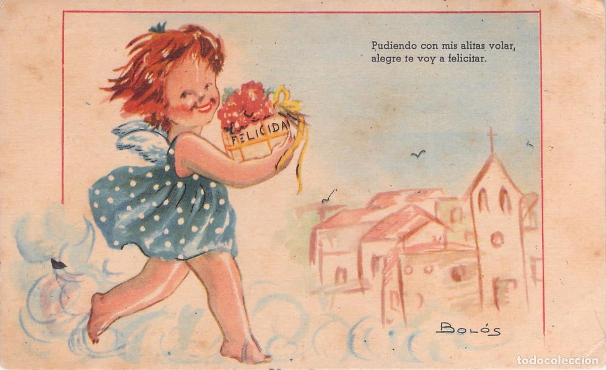 Cartes Postales: Postal Ilustrada por Bol&oacute;s: Ni&ntilde;a &Aacute;ngel con Flores