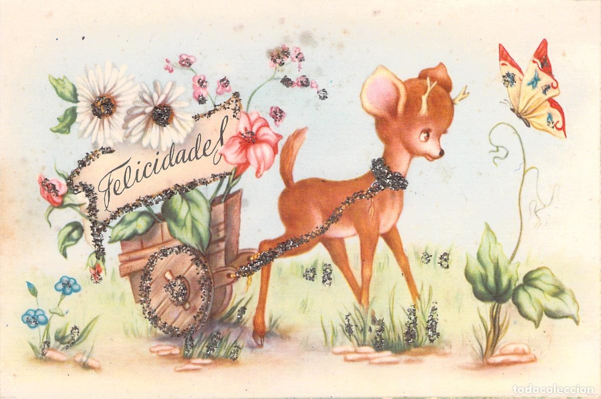 Postales: Postal de Felicitaci&oacute;n con Ciervo Ilustrado y Purpurina - C. y Z. 561