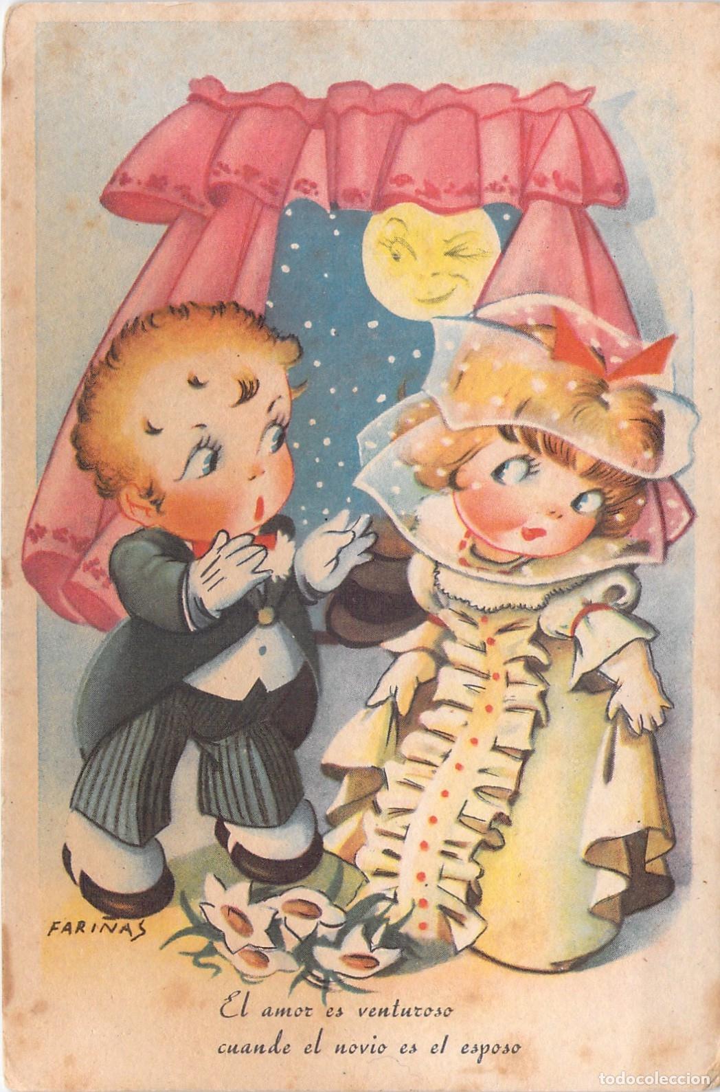 Postkarten: Postal Ilustrada de Ni&ntilde;os Novios por Fari&ntilde;as - Burjassot Valencia
