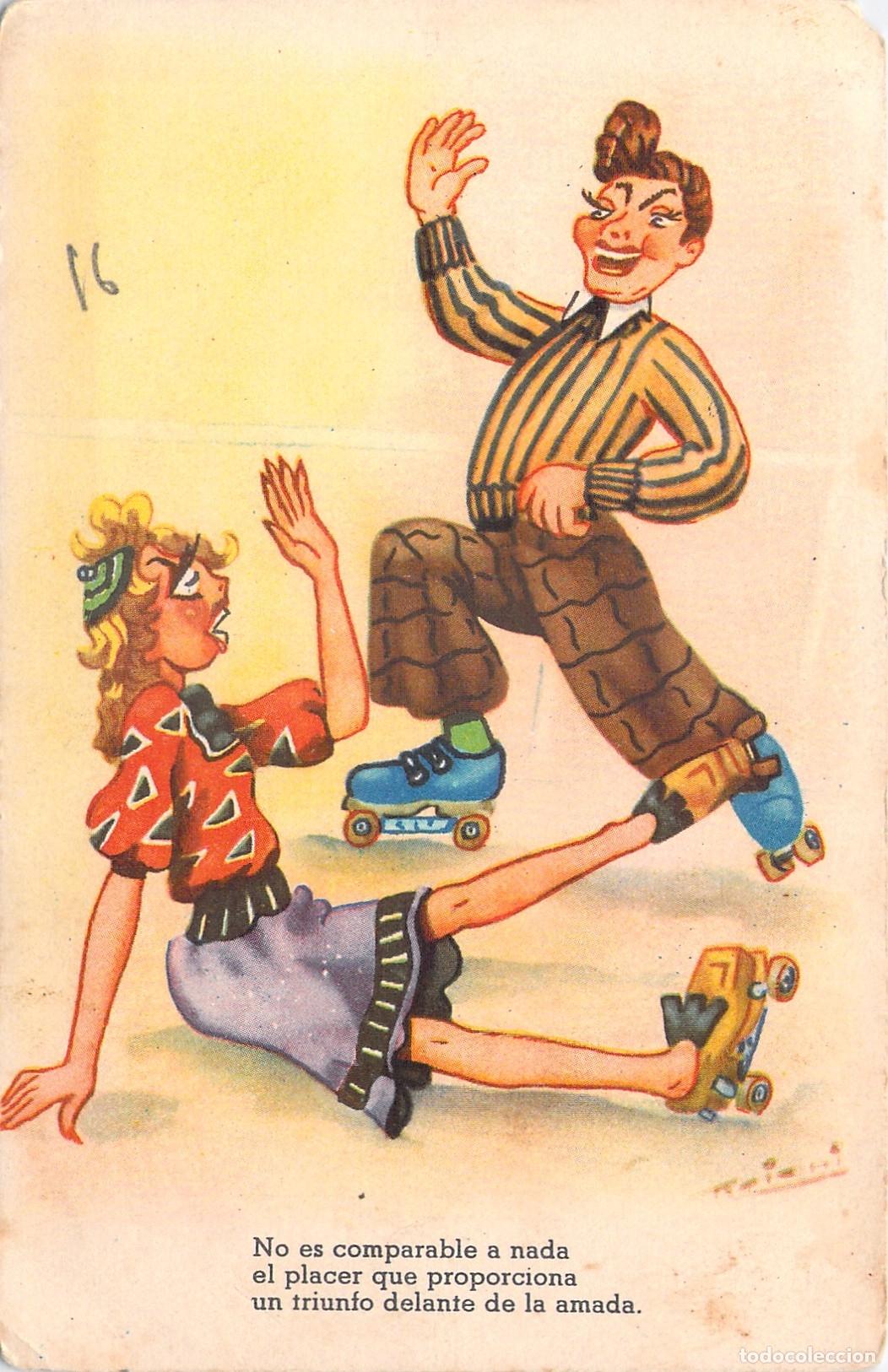 Postales: Postal Humor&iacute;stica de Pareja Patinando con Ilustraci&oacute;n Espa&ntilde;ola