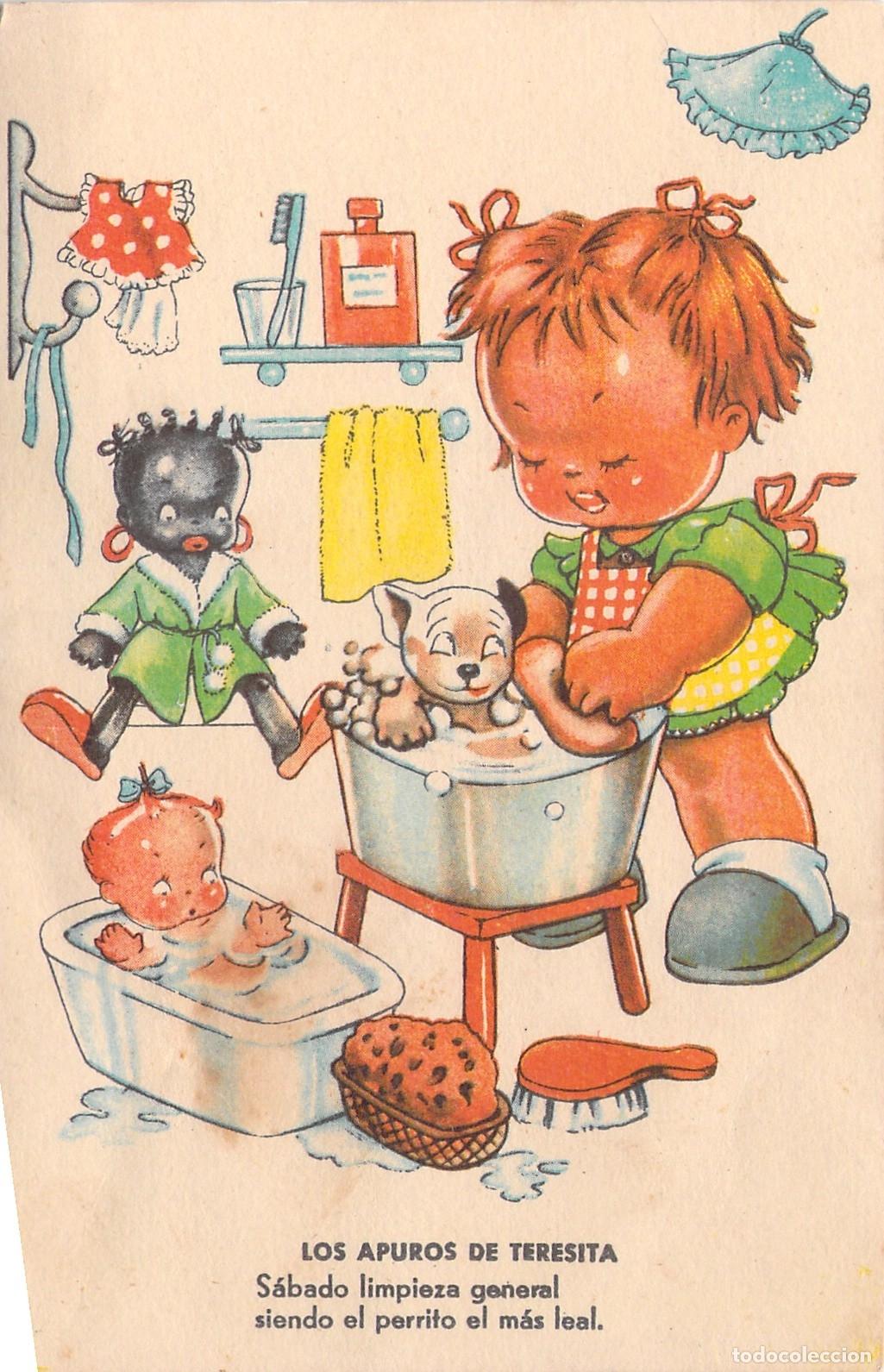 Postales: Postal Infantil Los Apuros de Teresita Ba&ntilde;ando al Perro