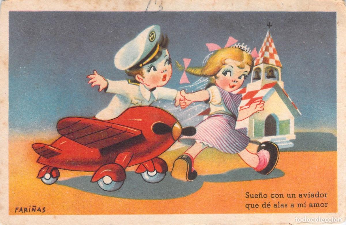 Postales: Postal Ilustraci&oacute;n Infantil Fari&ntilde;as Aviador y Ni&ntilde;a