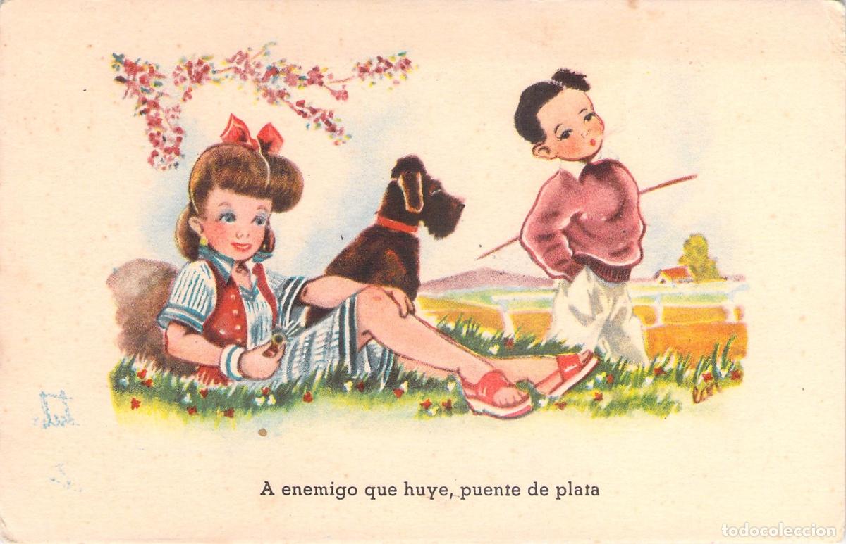 Postales: Postal Ilustrada Infantil con Refr&aacute;n Popular y Perro Terrier