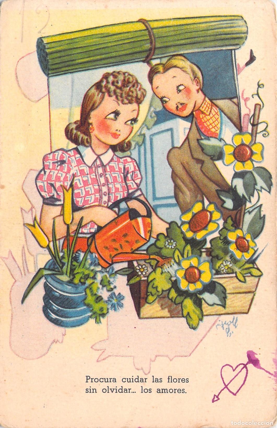 Postales: Postal Rom&aacute;ntica Ediciones Llama Ilustraci&oacute;n Pareja con Flores