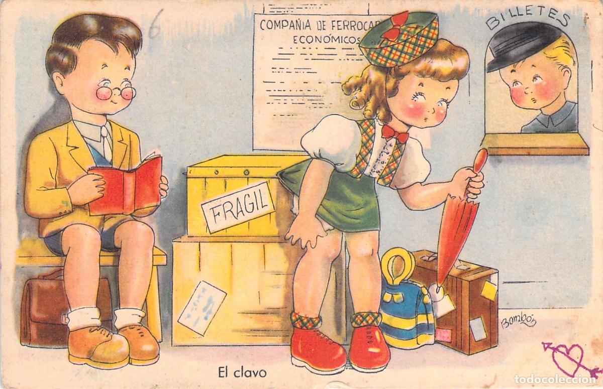 Postales: Postal Ilustrada Infantil Ni&ntilde;os en Estaci&oacute;n Tren El Clavo