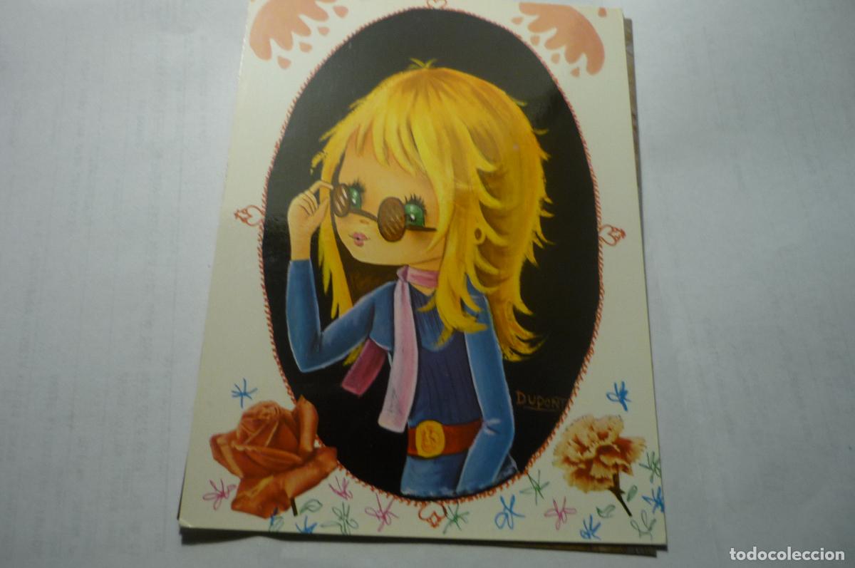 Postales: postal ni&ntilde;a con gafas dibujo dupont escrita