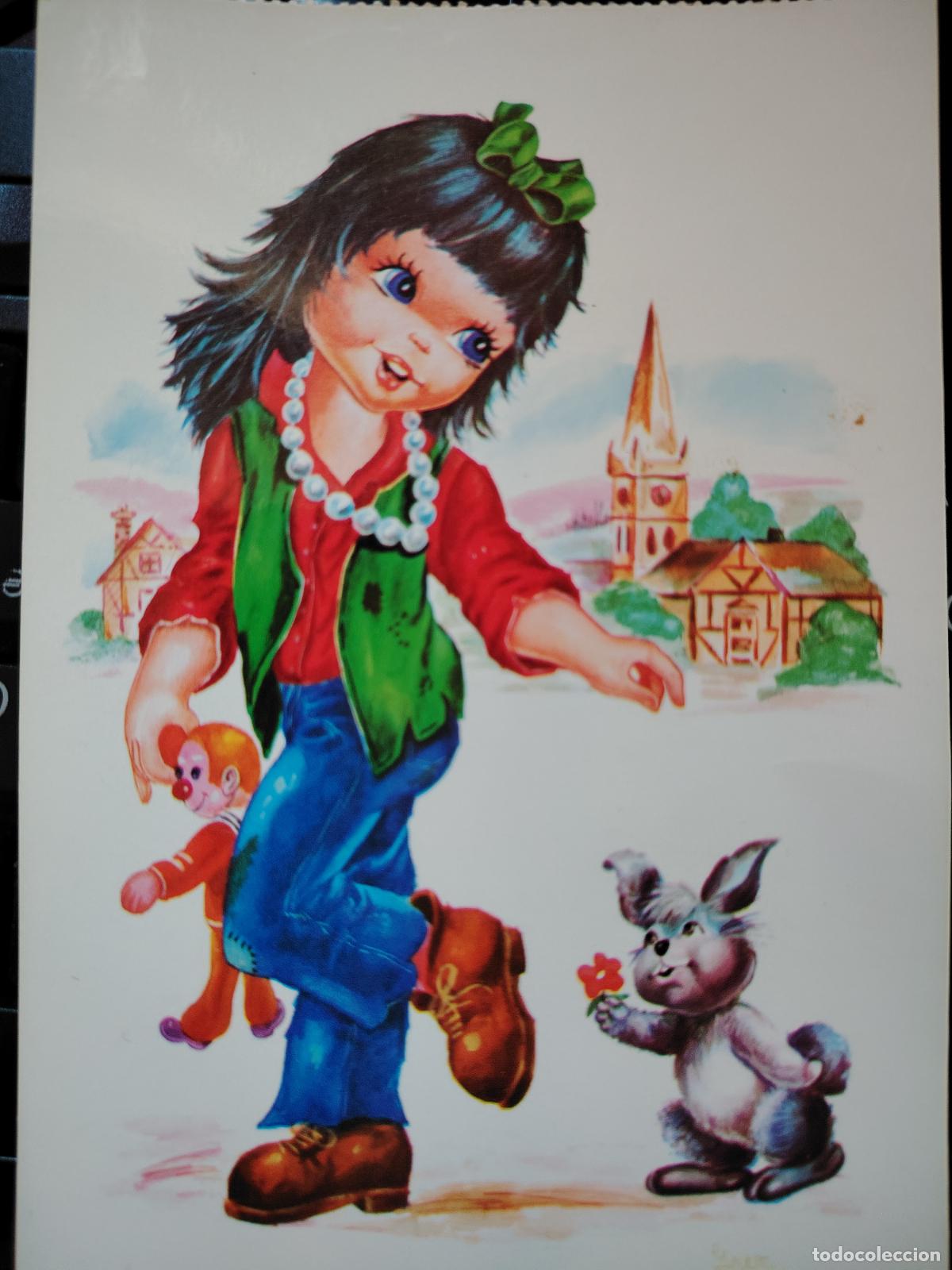 Postales: postal dibujo, ni&ntilde;a con conjeo y mono