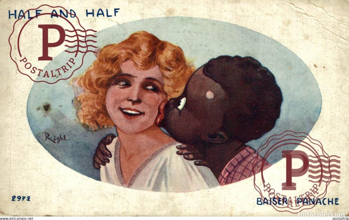 Postales: Half and Half, Baiser Panache, Black boy kissing blonde girl, signed by Right afro americana colec