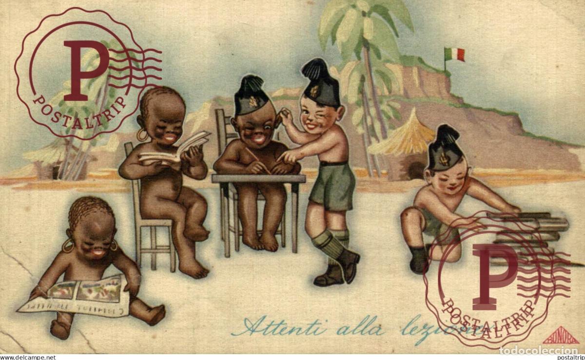 Postcards: MILITARY - ITALY IN AFRICA - BLACK AND WHITE - ATTENTI ALLA LEZIONE . afro americana coleccionblac