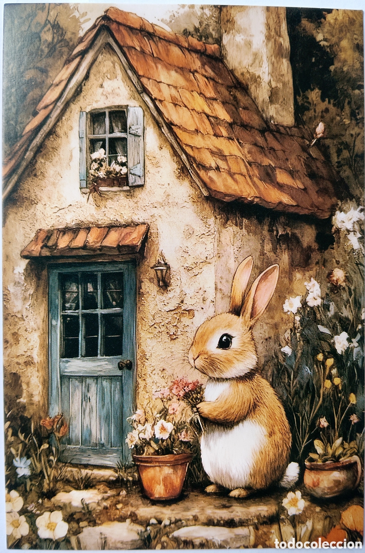Postales: POSTAL - CONEJITO CASITA FLORES