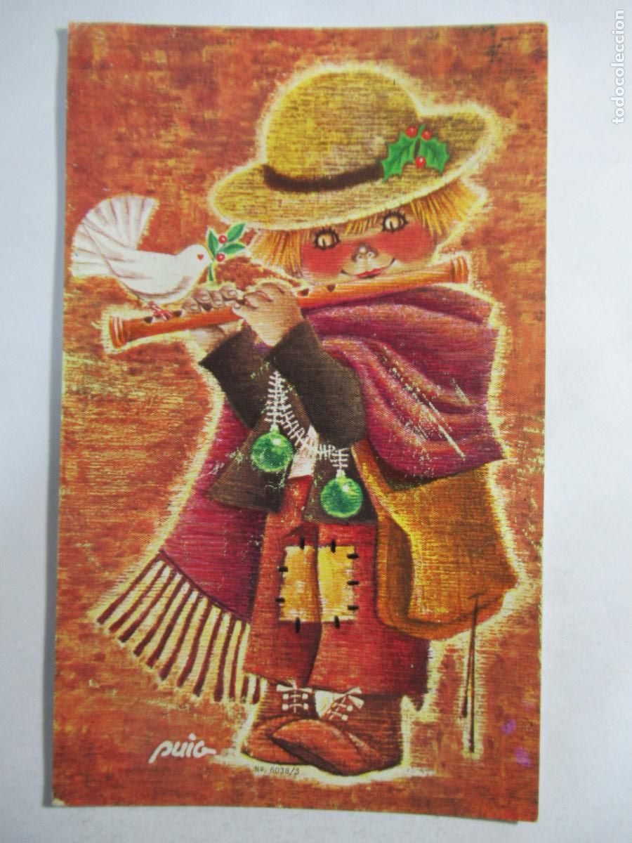 Postales: Dibujo de Puig - Ni&ntilde;o, Flauta. Paloma de la Paz - Escrita