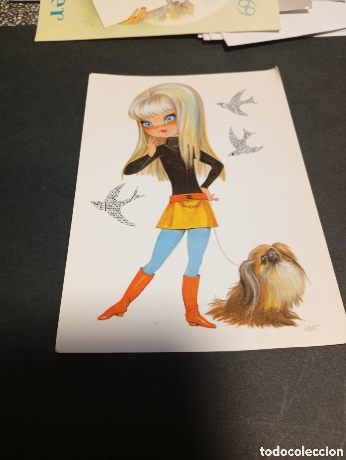 Postales: Postal dibujo chica perro, hippies