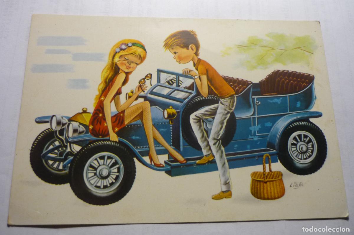 Postales: postal dibujo liesa pareja en coche escrita