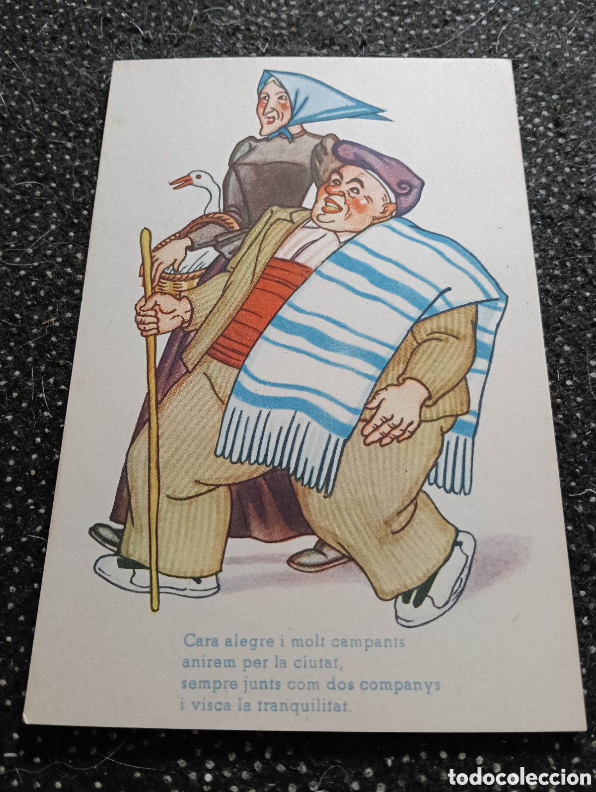 Postales: Postal c&oacute;mica Catalanes en la ciudad, con un verso en la base.