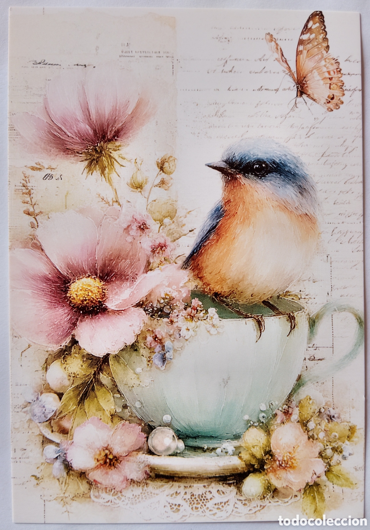 Postales: POSTAL - PAJARITO MARIPOSA FLORES