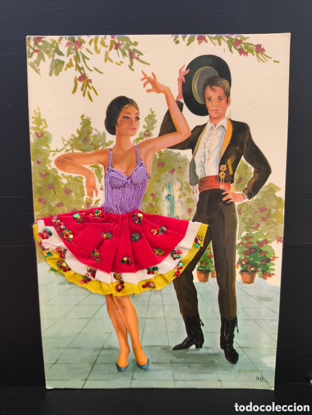 Postales: Antigua postal ilustrada relieve bordado folclore Traje Flamenco il. V. Cegarra n&uacute;m. 50