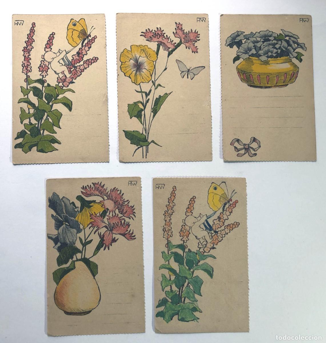 Postales: 5 POSTALES / FLORES / DISE&Ntilde;O - HW