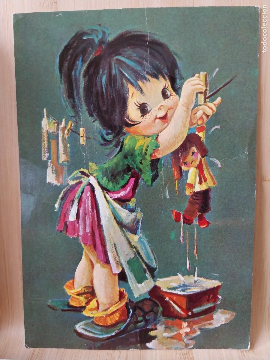 Postales: NI&Ntilde;A LAVANDO MU&Ntilde;ECA ILUSTRACION ED CYZ 7395/3 ESCRITA A&Ntilde;O 1974 SC ORIGINAL