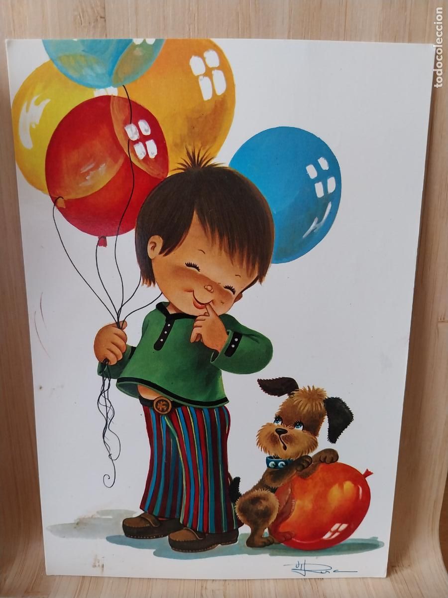 Postales: NI&Ntilde;O CON PERRITO GLOBOS ILUSTRACION ED CYZ 7321/31 A ESCRITA A&Ntilde;O 1973 SC ORIGINAL