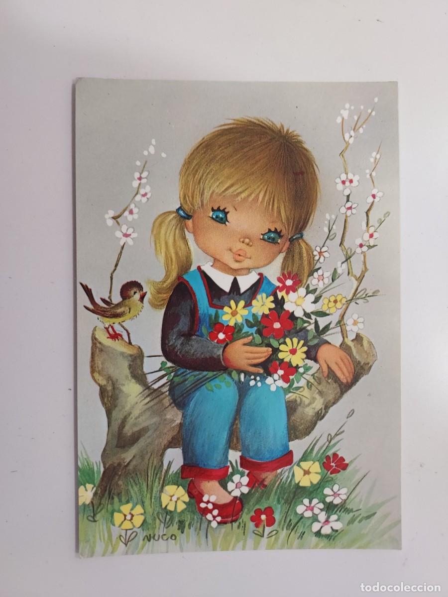 Postales: POSTAL ILUSTRADOR NUCO. NI&Ntilde;A RUBIA COLETAS FLORES PAJARO CAMPO . SIN CIRCULAR. 1975. CYZ