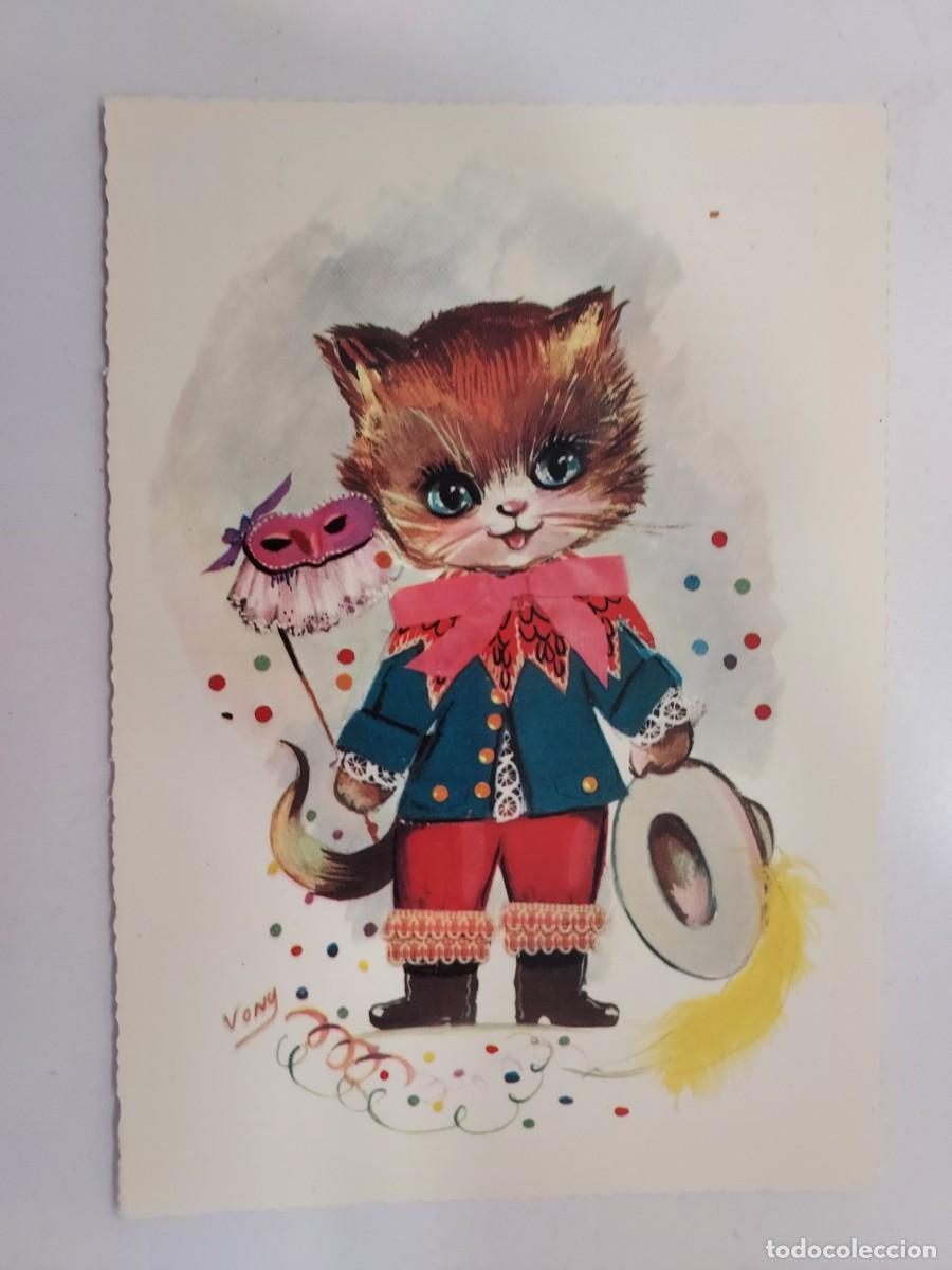 Postales: POSTAL ILUSTRADOR VONY. GATITO DISFRAZADO FIESTA MASCARAS CARNAVAL. ESCRITA. KRUGER