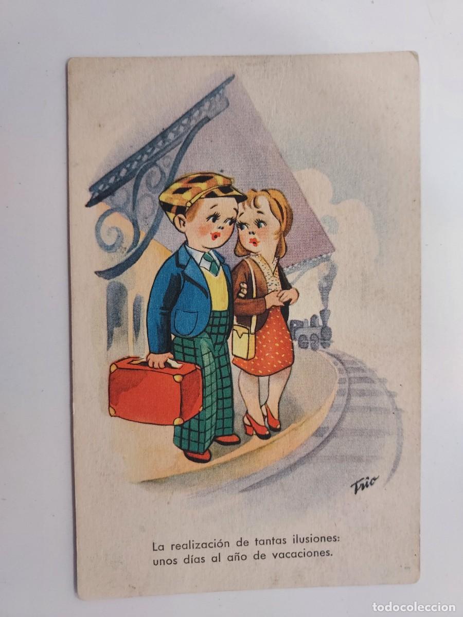 Postales: POSTAL ILUSTRADOR TRIO. ESPERANDO AL TREN. EDICIONES TRIO. ESCRITA. FERROCARRIL. 1940 1950