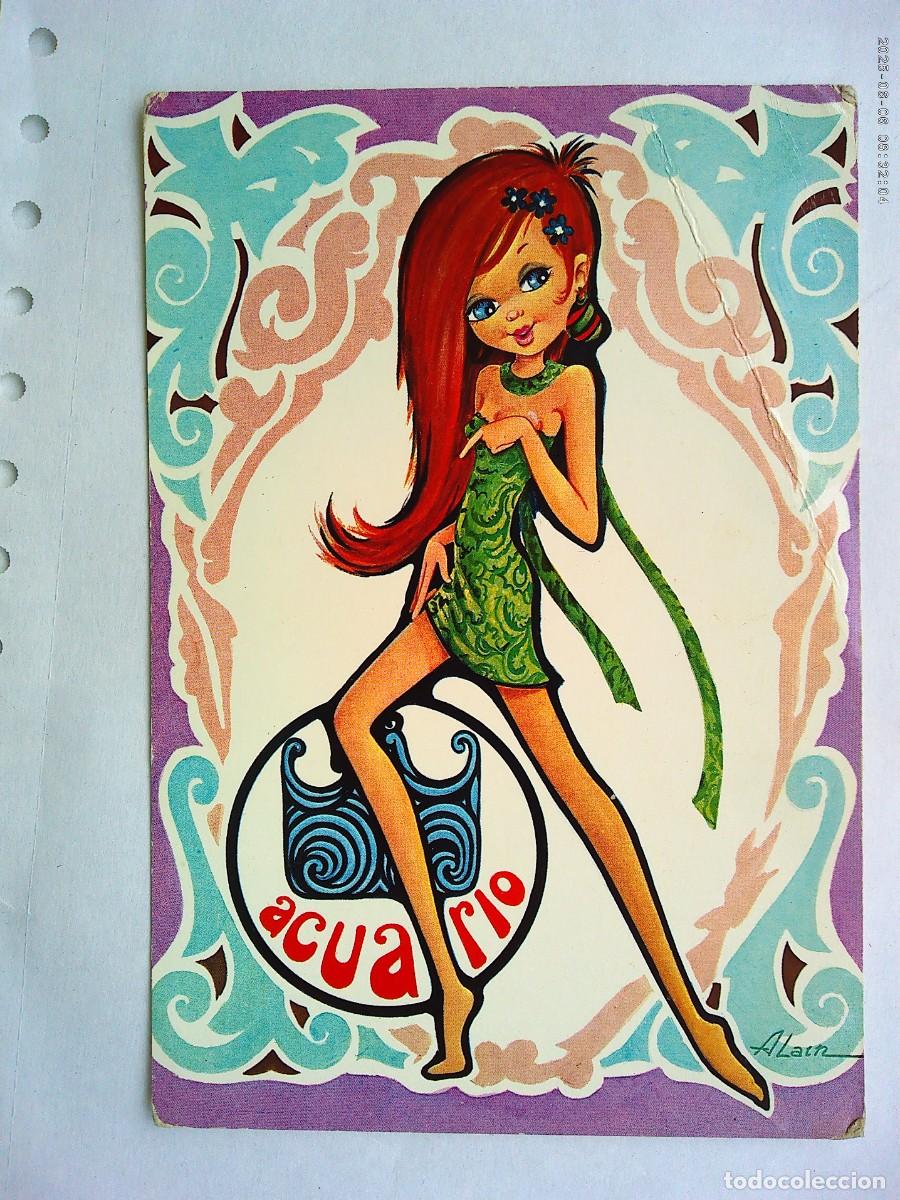 Postales: PRECIOSA POSTAL CON BONITO DIBUJO DE CHICA DEL ZODIACO : ACUARIO . A&Ntilde;OS 70