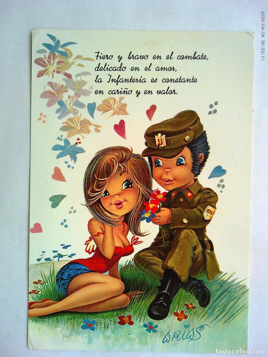 Postales: BONITA POSTAL CON DIBUJO DE PAREJA , &Eacute;L MILITAR DE INFANTERIA . A&Ntilde;OS 70
