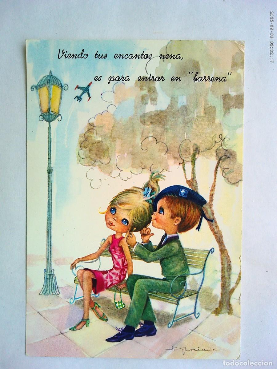 Postales: BONITA POSTAL ROMANTICA CON DIBUJO DE PAREJA , &Eacute;L MILITAR PARACAIDISTA . A&Ntilde;OS 70