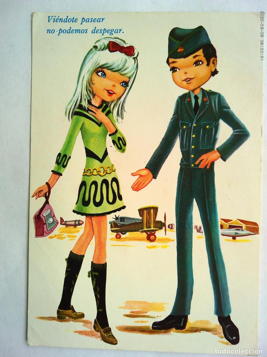 Cartes Postales: BONITA POSTAL CON DIBUJO DE PAREJA , CHICA Y MILITAR DE AVIACION . A&Ntilde;OS 70
