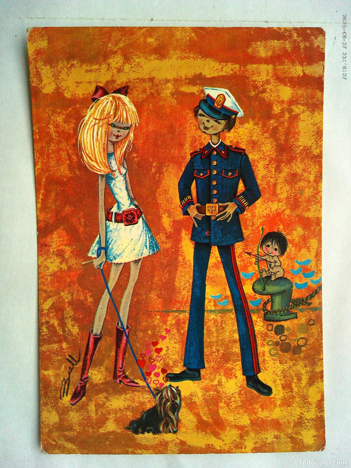 Postais: BONITA POSTAL CON DIBUJO DE PAREJA : CHICA Y MILITAR DE INFANTERIA DE MARINA . A&Ntilde;OS 70