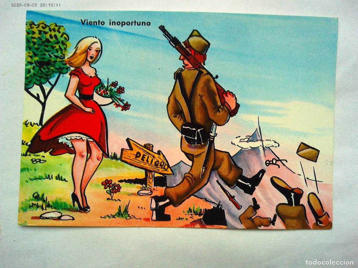 Postales: POSTAL HUMORISTICA CON DIBUJO DE MILITAR Y CHICA AZOTADA POR EL VIENTO. A&Ntilde;OS 70