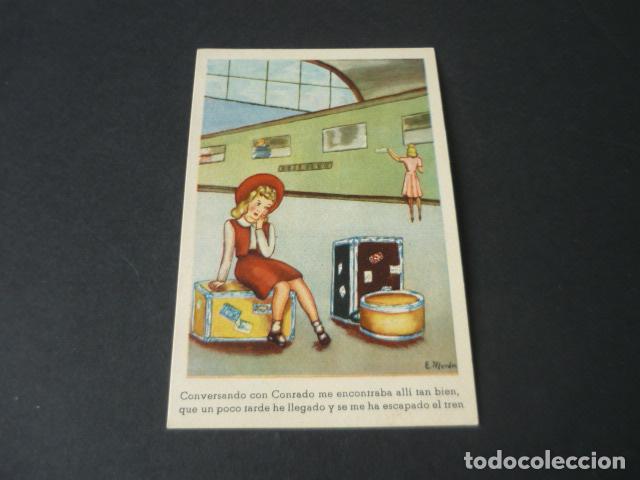 Cartoline: POSTAL CHICA EN ESTACION ILUSTRADOR