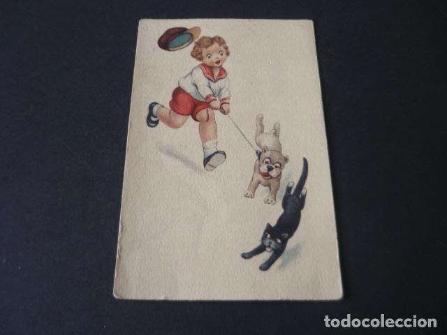 Cartoline: POSTAL NI&Ntilde;O CON PERRO Y GATO ILUSTRADOR