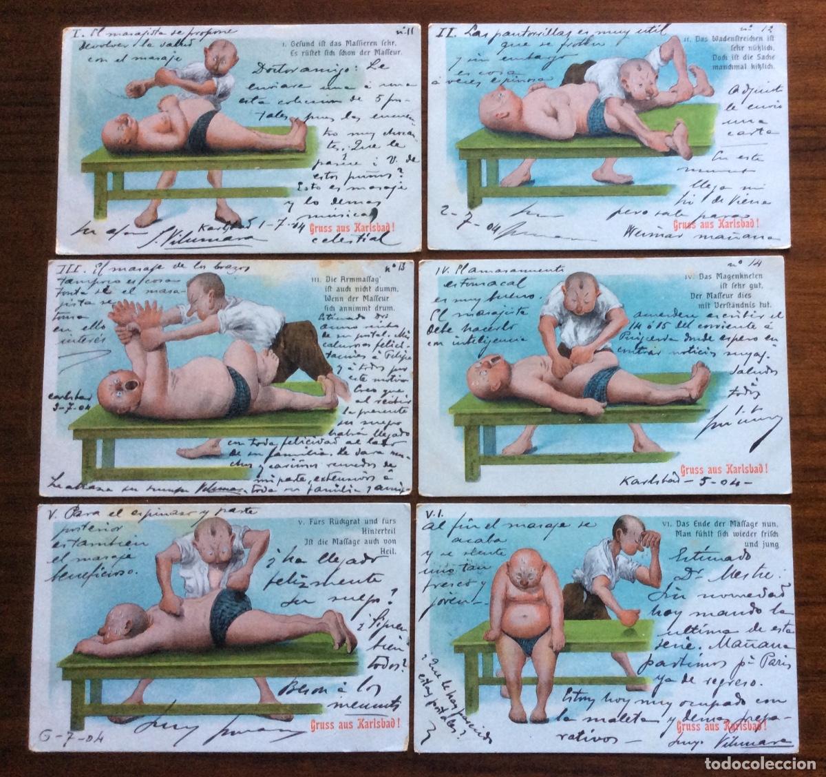 Cartoline: COLECCI&Oacute;N 6 POSTAL CROMOLITOGRAFIA O. HUBER DIE MASSAGEKUR GRUSS AUS KARLSBAD ALEMANIA CHEQUIA 1904