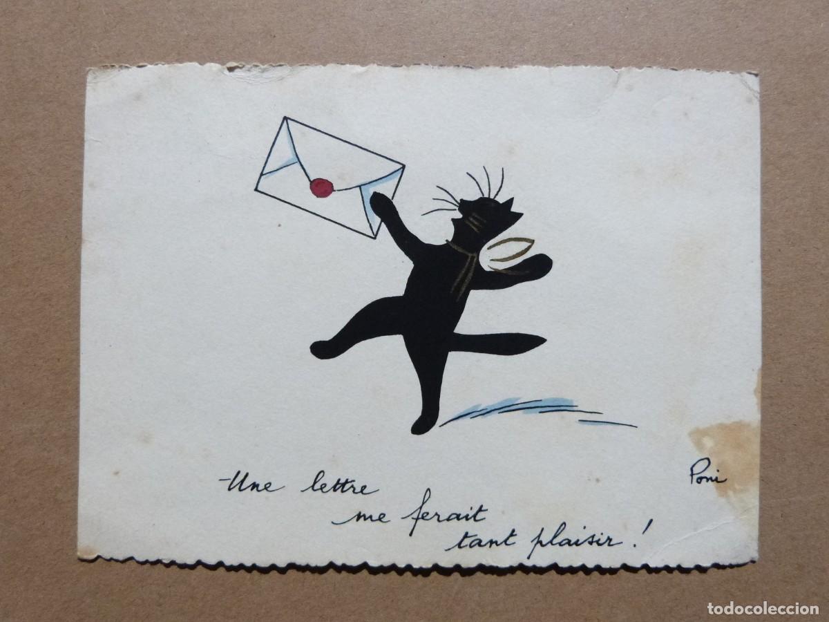 Postales: Postal con gato - Una carta me har&iacute;a muy feliz - une lettre me ferait tant plaisir - Poni - A&ntilde;os 50