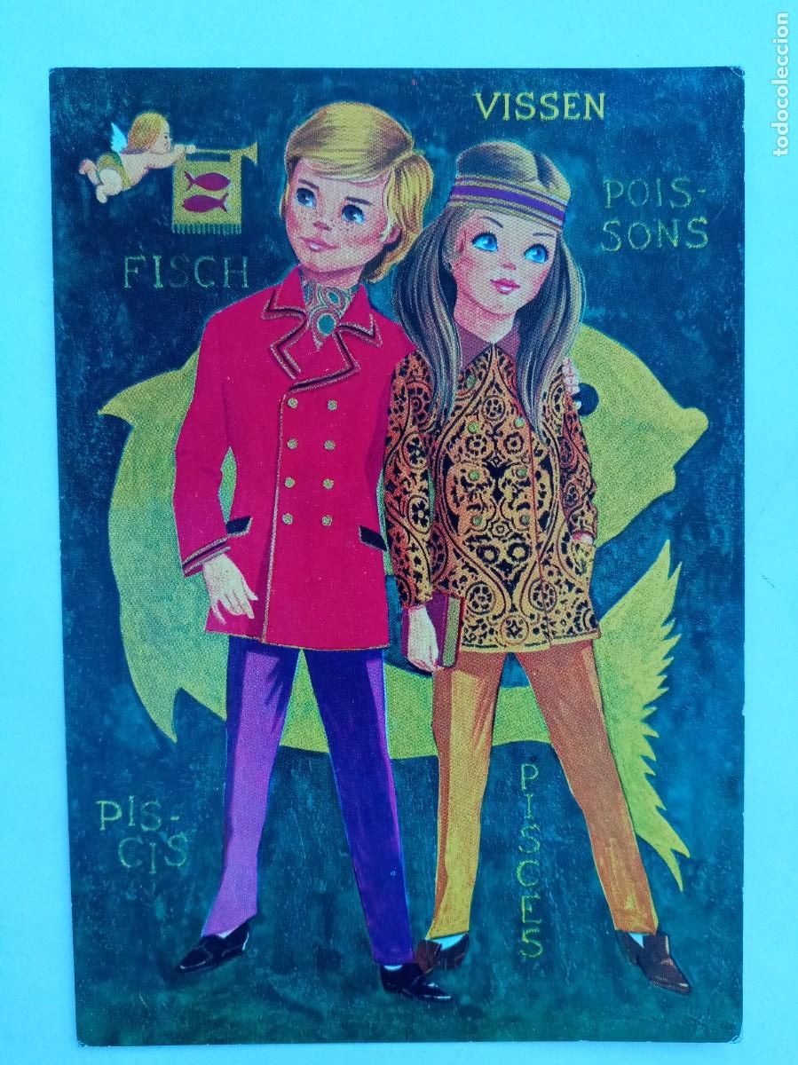 Postales: BONITA POSTAL CON DIBUJO DE PAREJA YE-YE , ZODIACO : PISCIS . A&Ntilde;OS 70