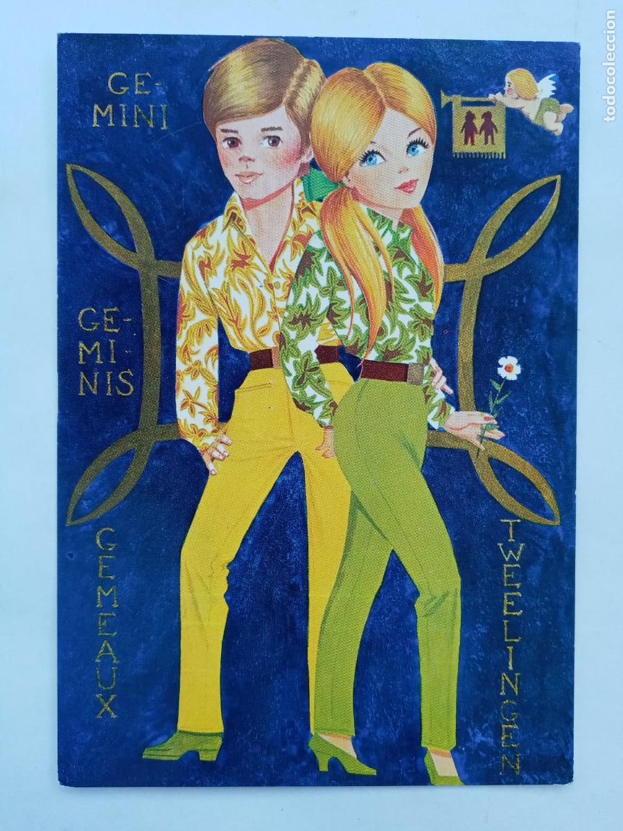 Postales: BONITA POSTAL CON DIBUJO DE PAREJA, ZOD&Iacute;ACO: GEMINIS. A&Ntilde;OS 70