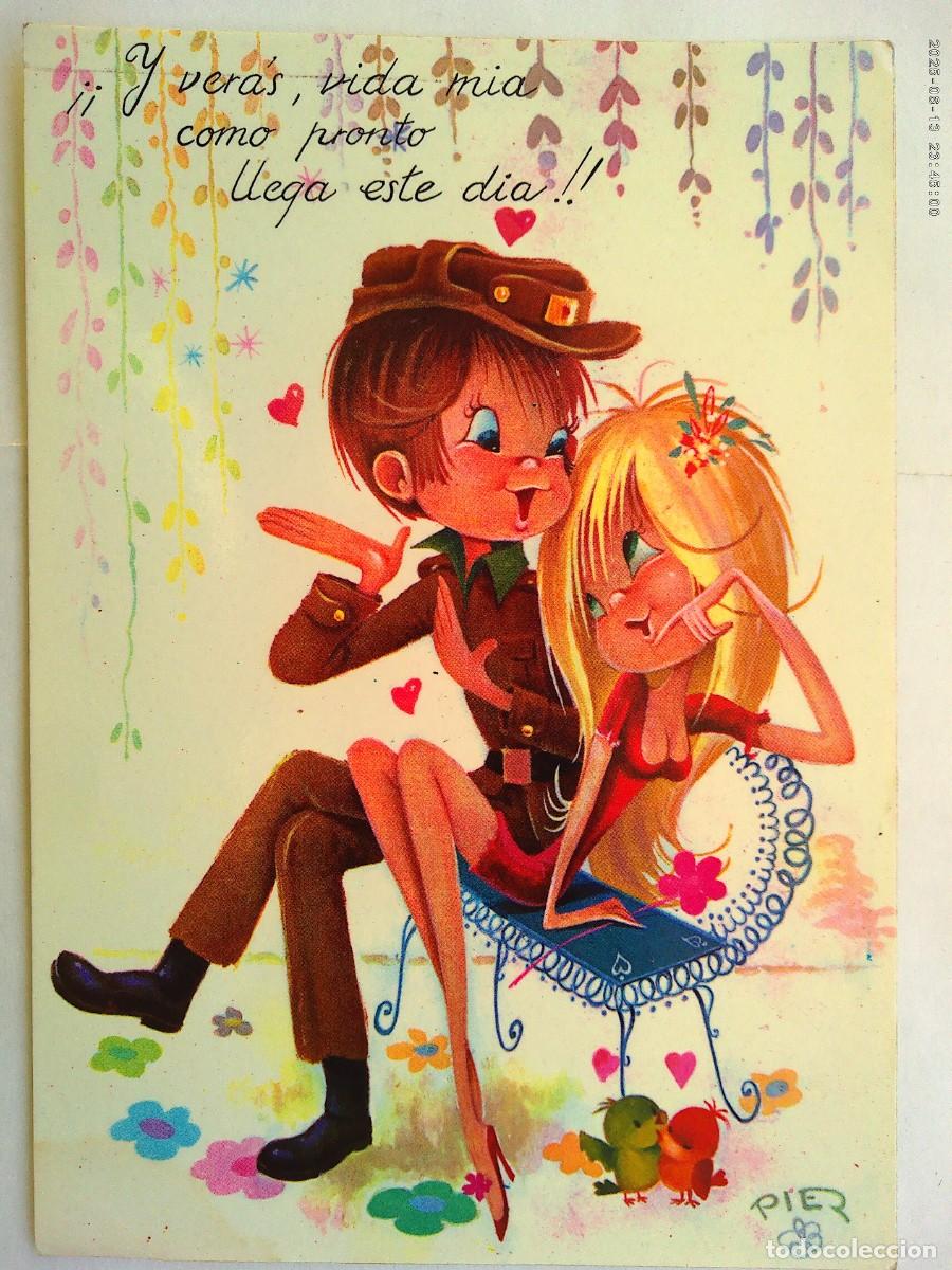 Postales: BONITA POSTAL CON DIBUJO DE PAREJA , MILITAR Y CHICA . A&Ntilde;OS 70
