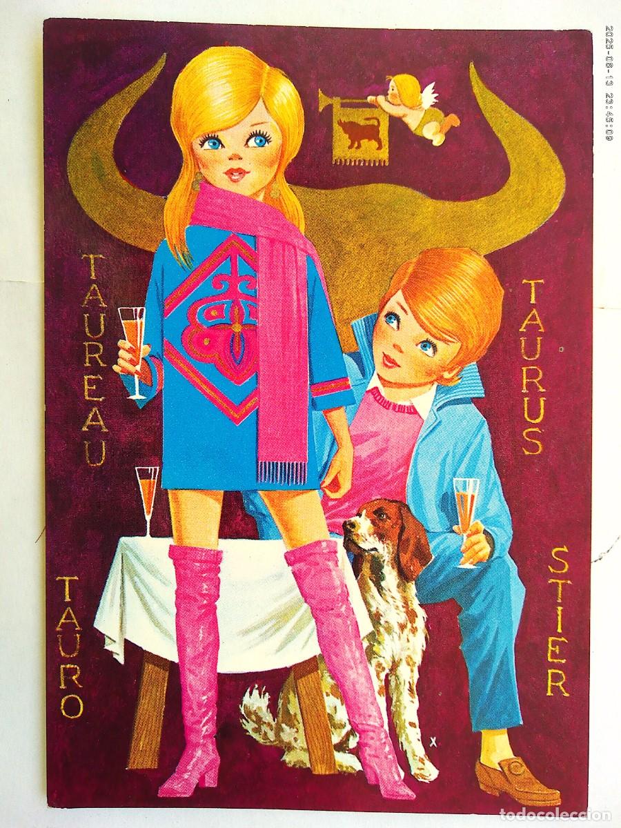Postales: BONITA POSTAL CON DIBUJO DE PAREJA , ZODIACO : TAURO . A&Ntilde;OS 70