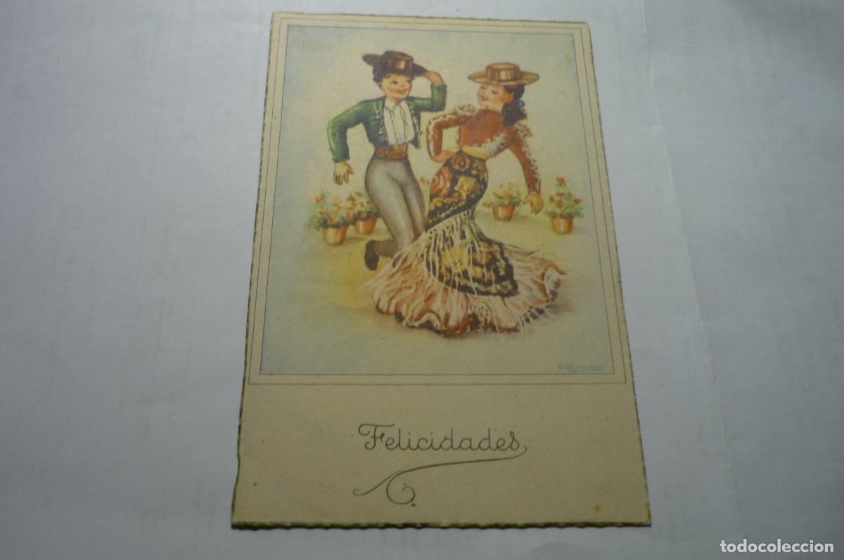 Postales: postal dibujo bailadores flamenco escrita