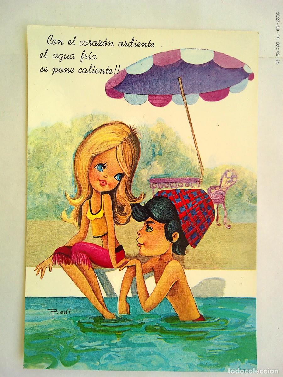 Postales: BONITA POSTAL CON DIBUJO DE PAREJA EN LA PISCINA . A&Ntilde;OS 70