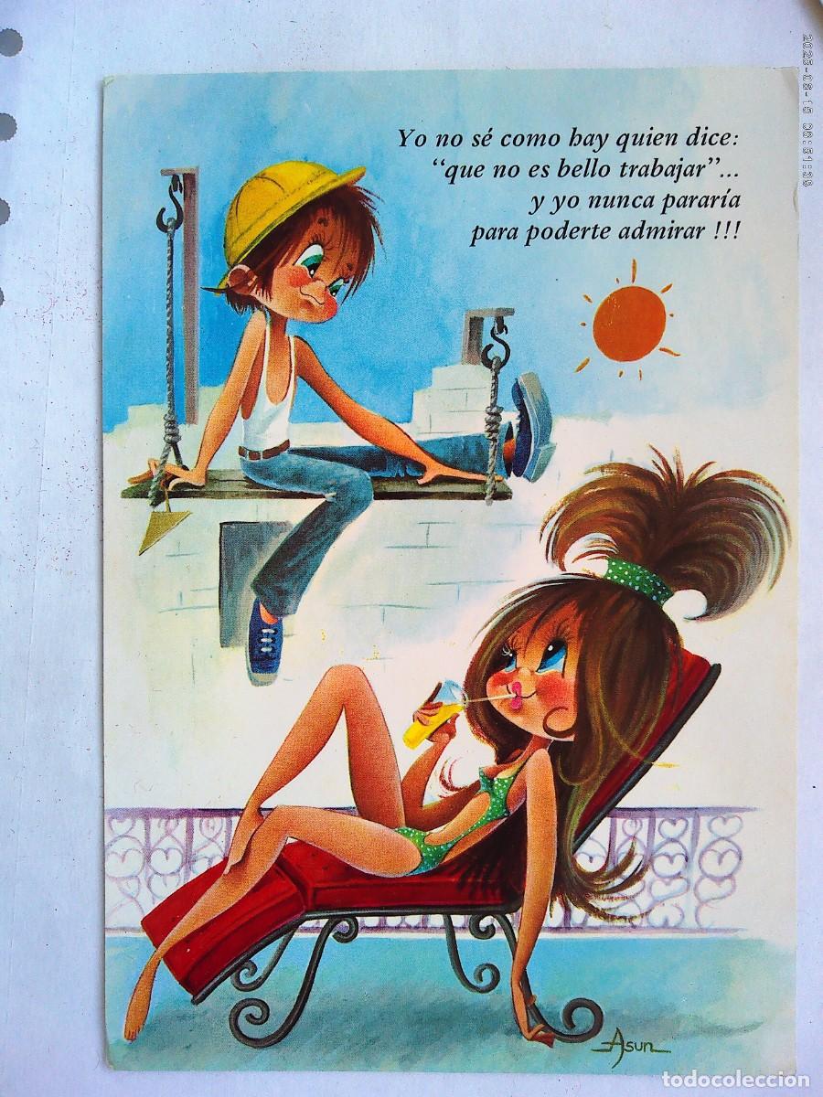 Postales: BONITA POSTAL CON DIBUJO DE PAREJA : CHICA EN BIKINI Y CURRANTE EN EL ANADAMIO. A&Ntilde;OS 70