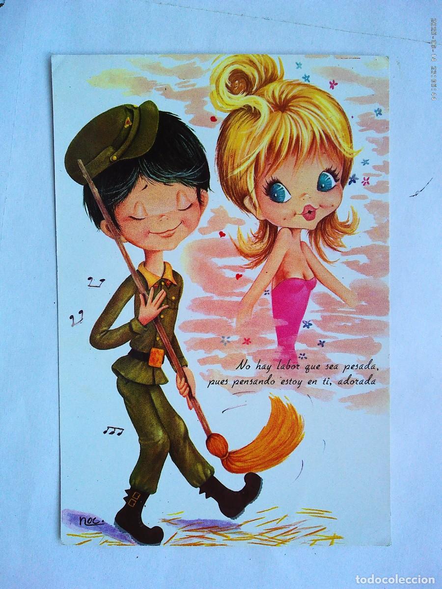 Postales: BONITA POSTAL CON DIBUJO DE PAREJA , MILITAR Y CHICA . A&Ntilde;OS 70