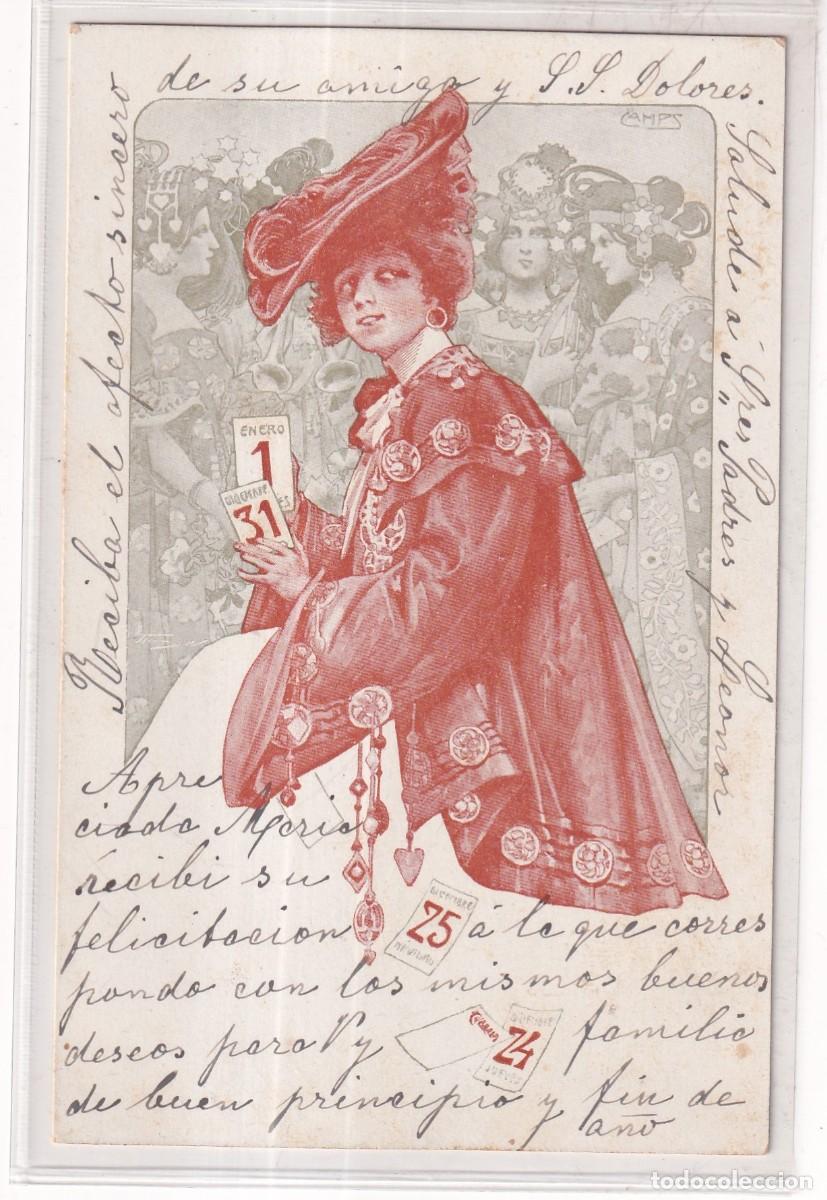 Postales: Postal ilustrada mujer con almanaque. Reverso sin dividir. Bartrina. Barcelona. Sin circular.