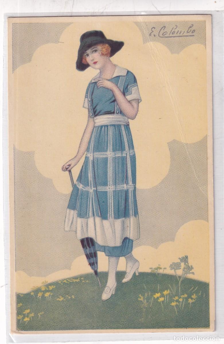 Postales: Postal ilustrada mujer con sombrilla ilustrador E. Colombo. Ilustrador italiano. Escrita.