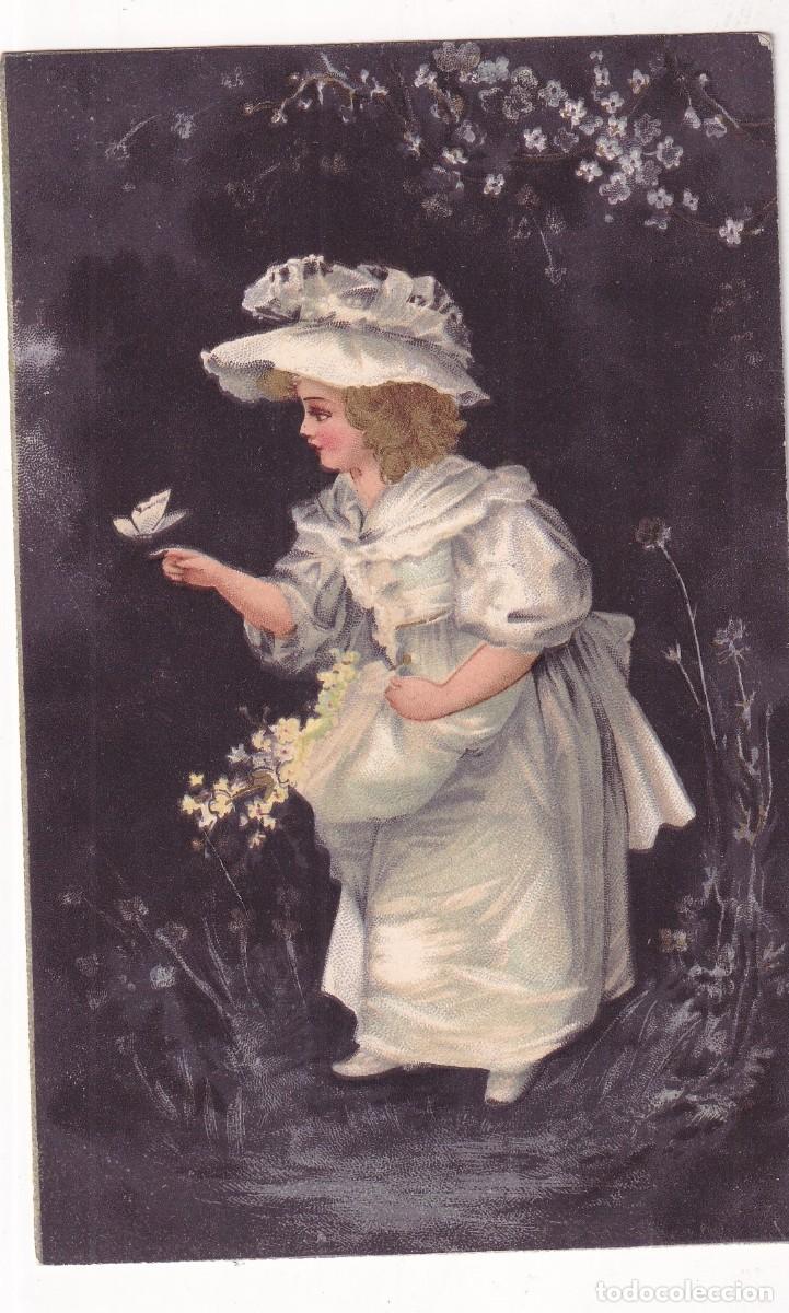 Postales: Postal ilustrada ni&ntilde;a rubia con mariposa. Circulada en 1907