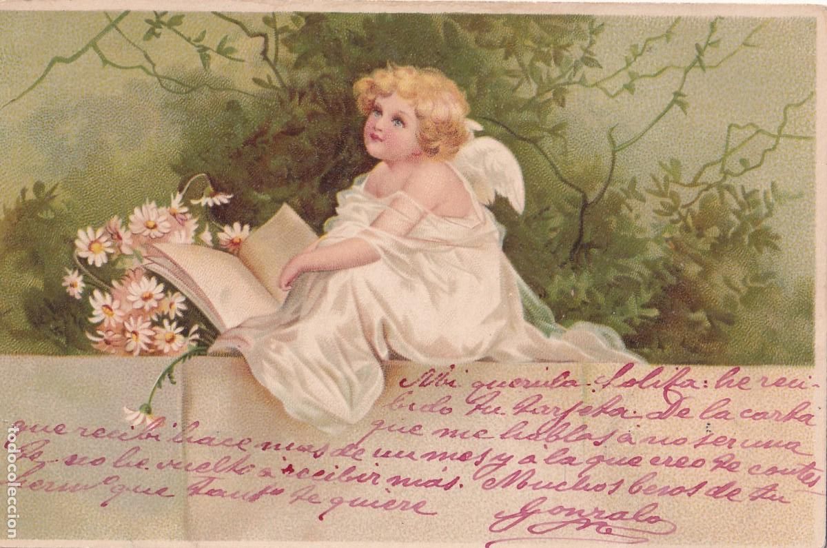 Postales: Postal ilustrada &aacute;ngel. Reverso sin dividir. Circulada. Sello desprendido.