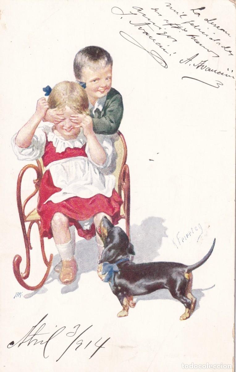 Postales: Postal ilustrada ni&ntilde;os jugando con perro salchicha. B K W I 322 - 4 . Austria.