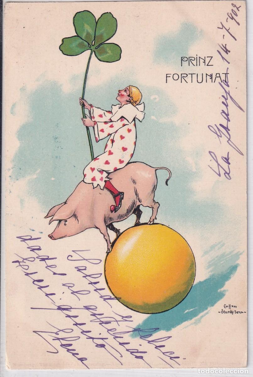 Postales: Postal ilustrada Starke Jena. Prizn fortumat. Postal de buena suerte, trebo y cerdo. Circulada.